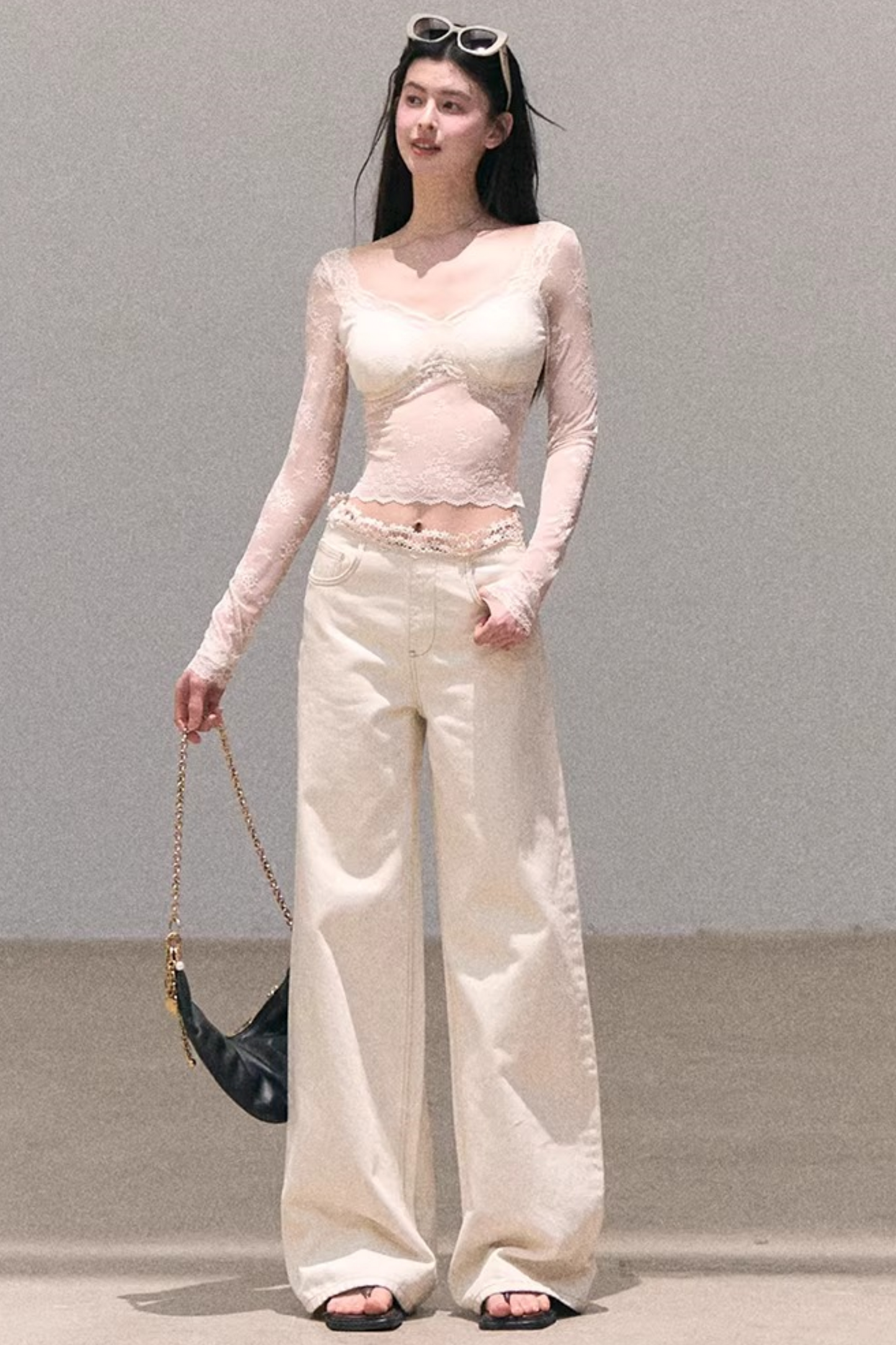 Washed Wide-Leg Lace Pants