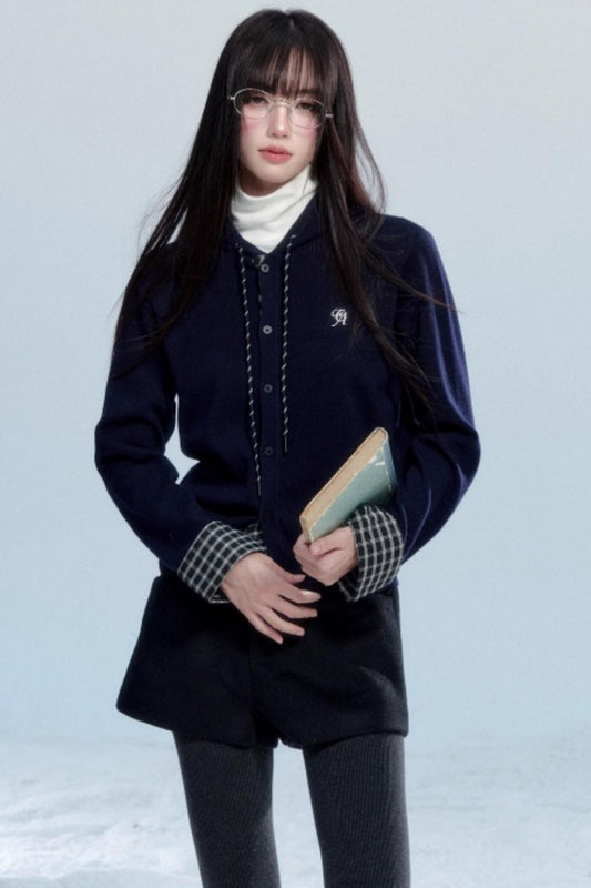 Plaid Patchwork Hooded Cardigan