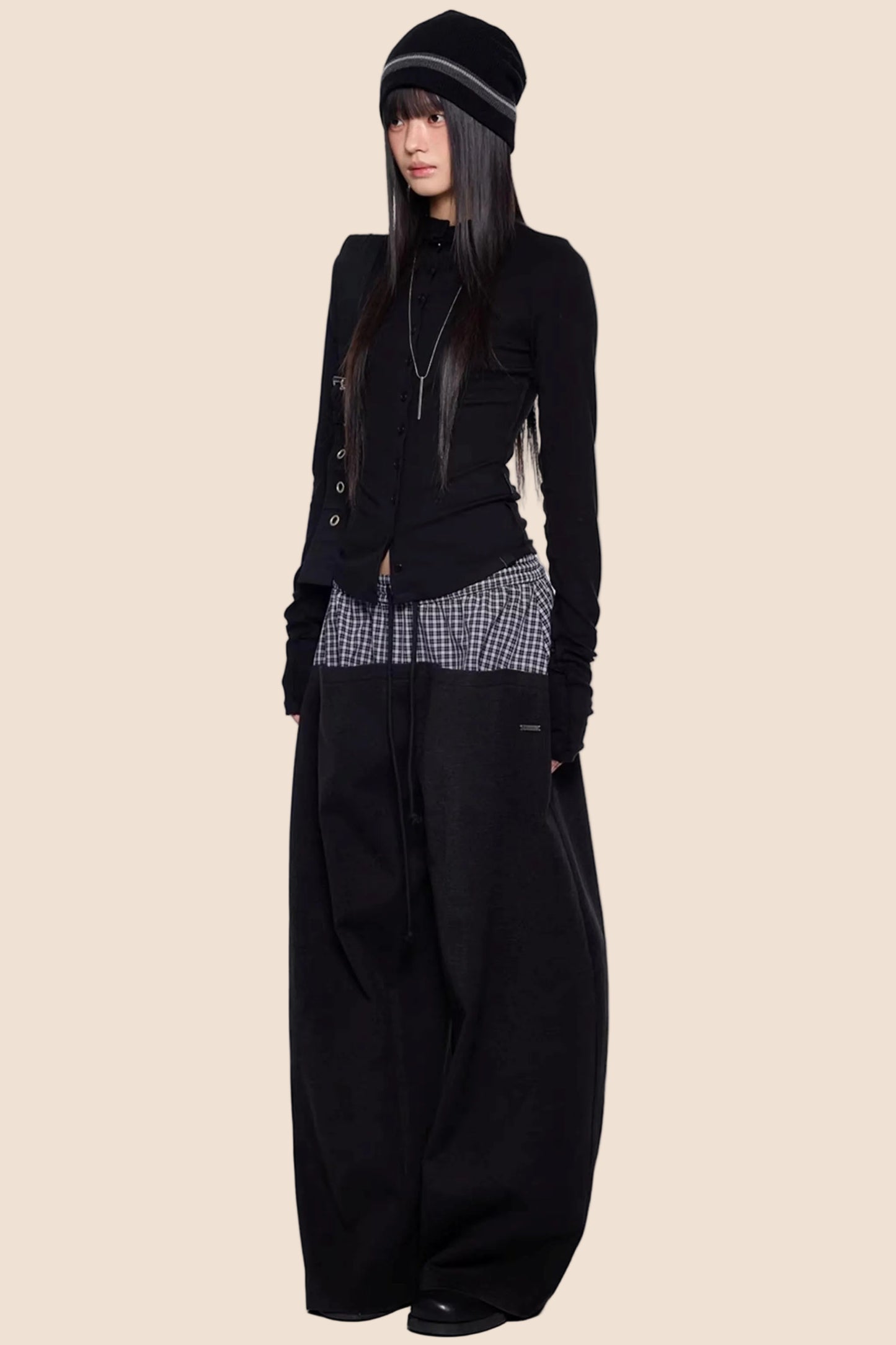 Plaid Patchwork Wide-Leg Pants