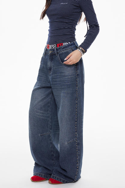 Vintage Blue Beaded Wide-Leg Jeans