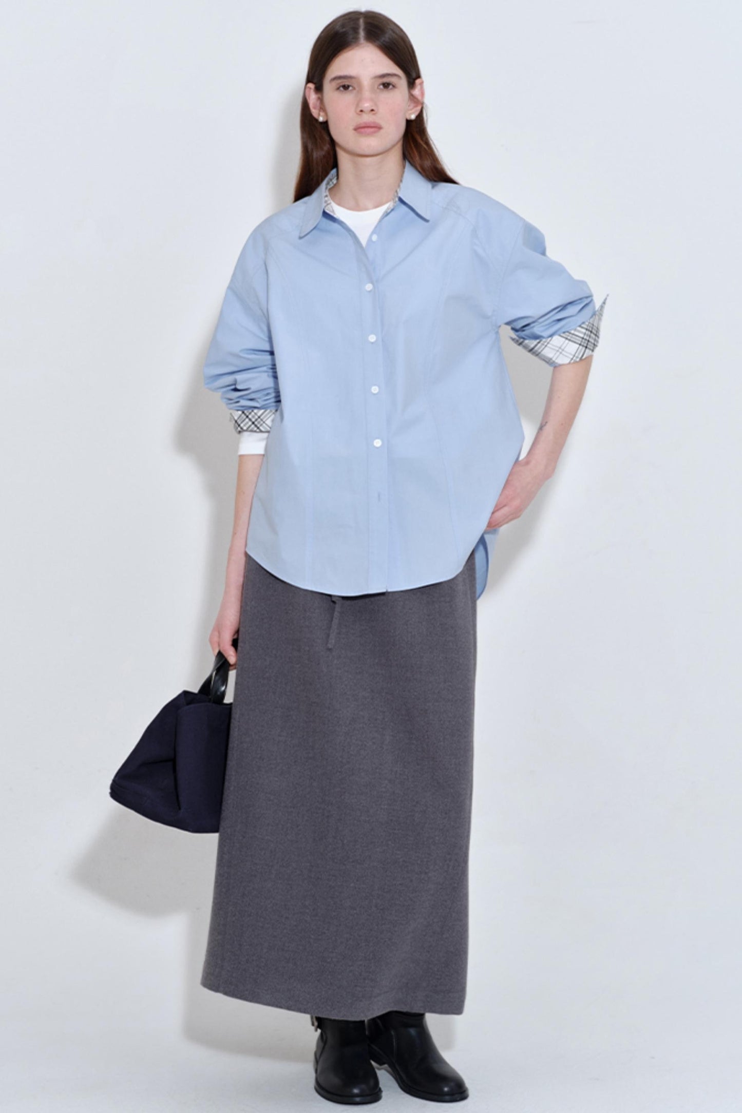 White Mist Blue Check Patchwork Top