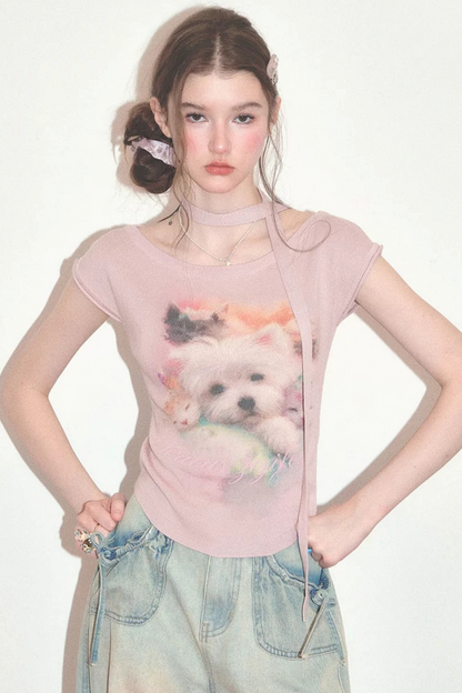 Pink Puppy Print Slim Fit T-Shirt