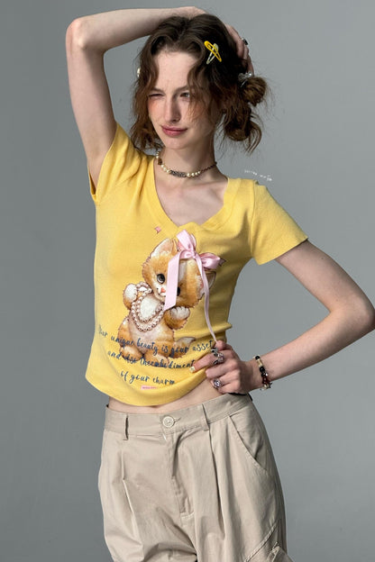 Cat Print V-Neck T-Shirt