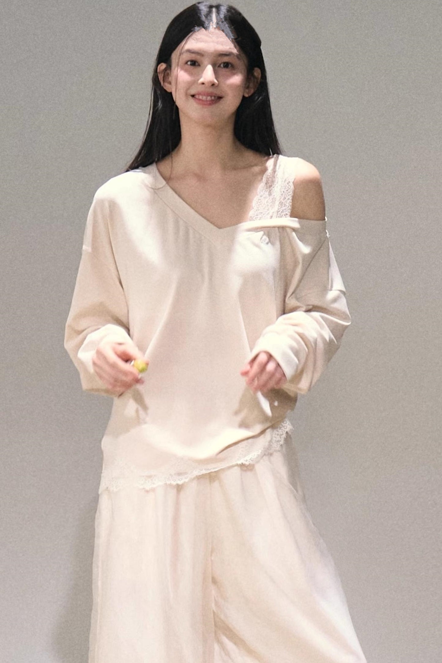 Greenery Lace Slanted Pullover Sweatshirt