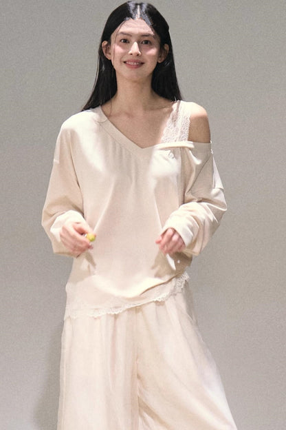 Greenery Lace Slanted Pullover Sweatshirt