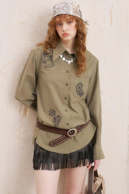Cashew Flower Embroidered Long Sleeve Shirt