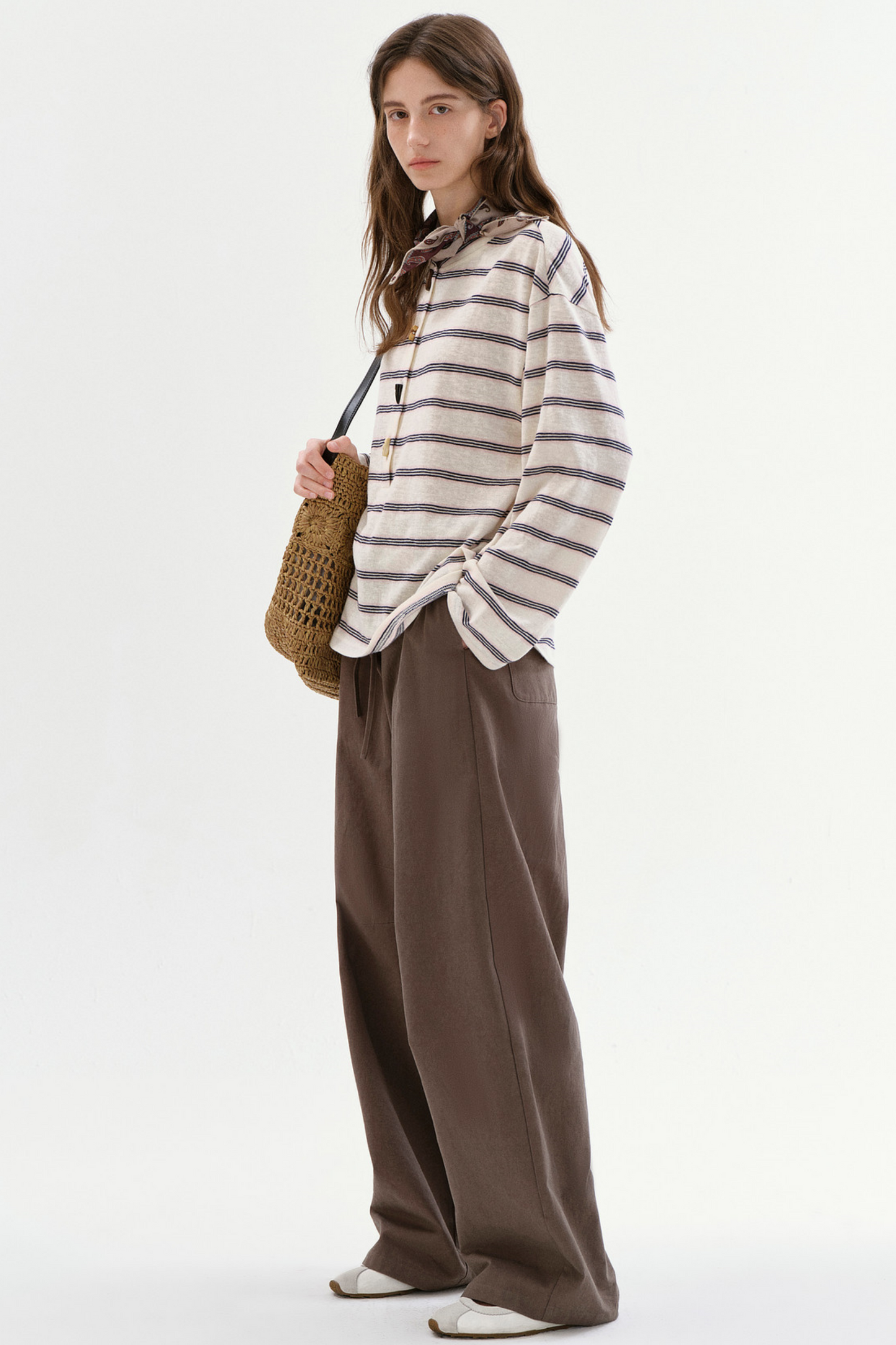 Horn-Button Striped Blouse