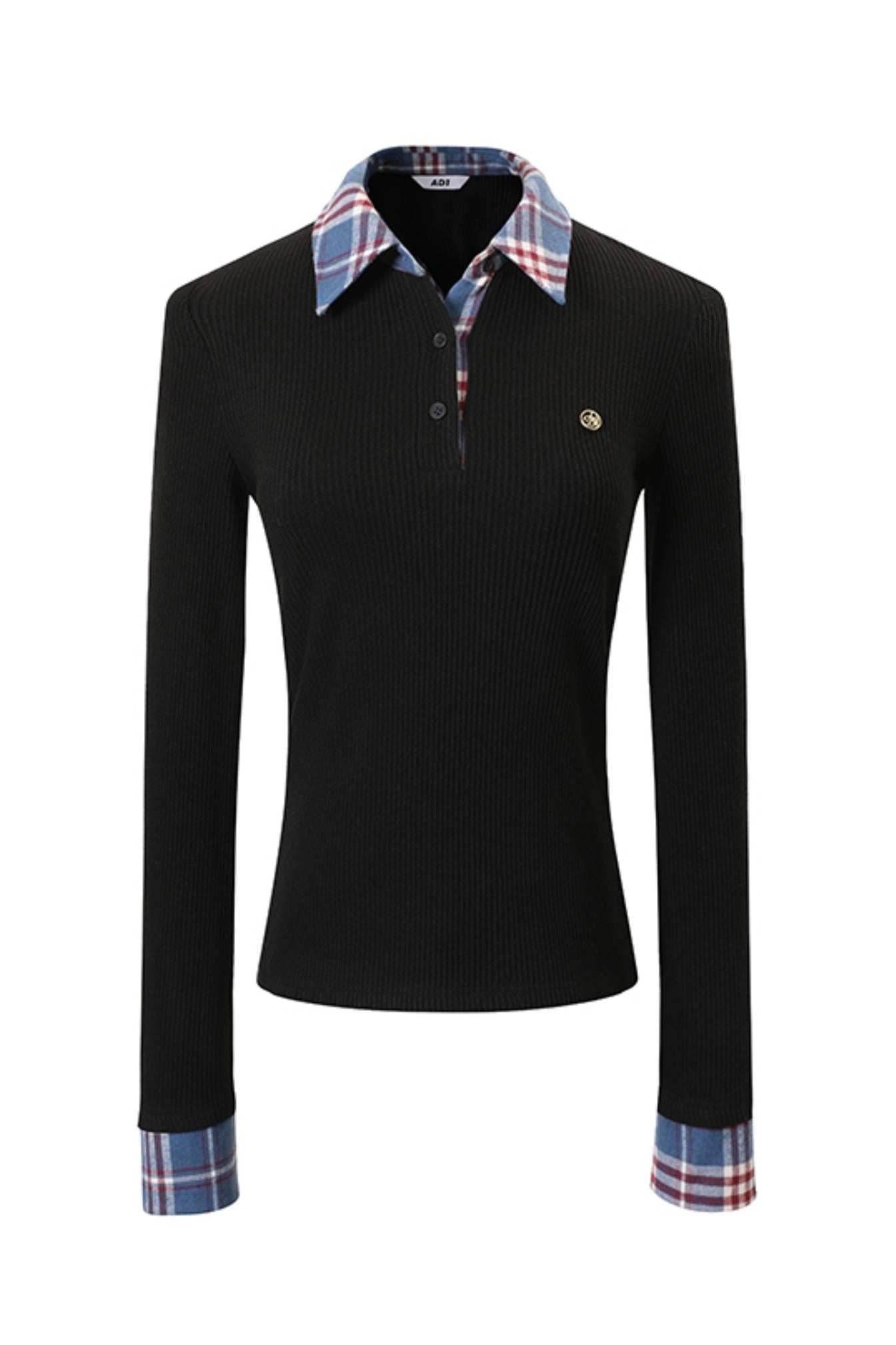 Check Contrast Slim Polo Neck Top