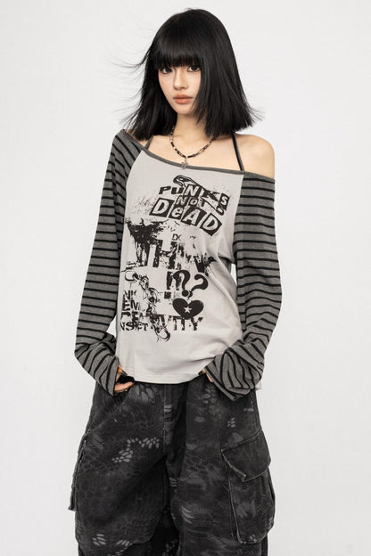 Loose Fit Spliced One-Shoulder Top