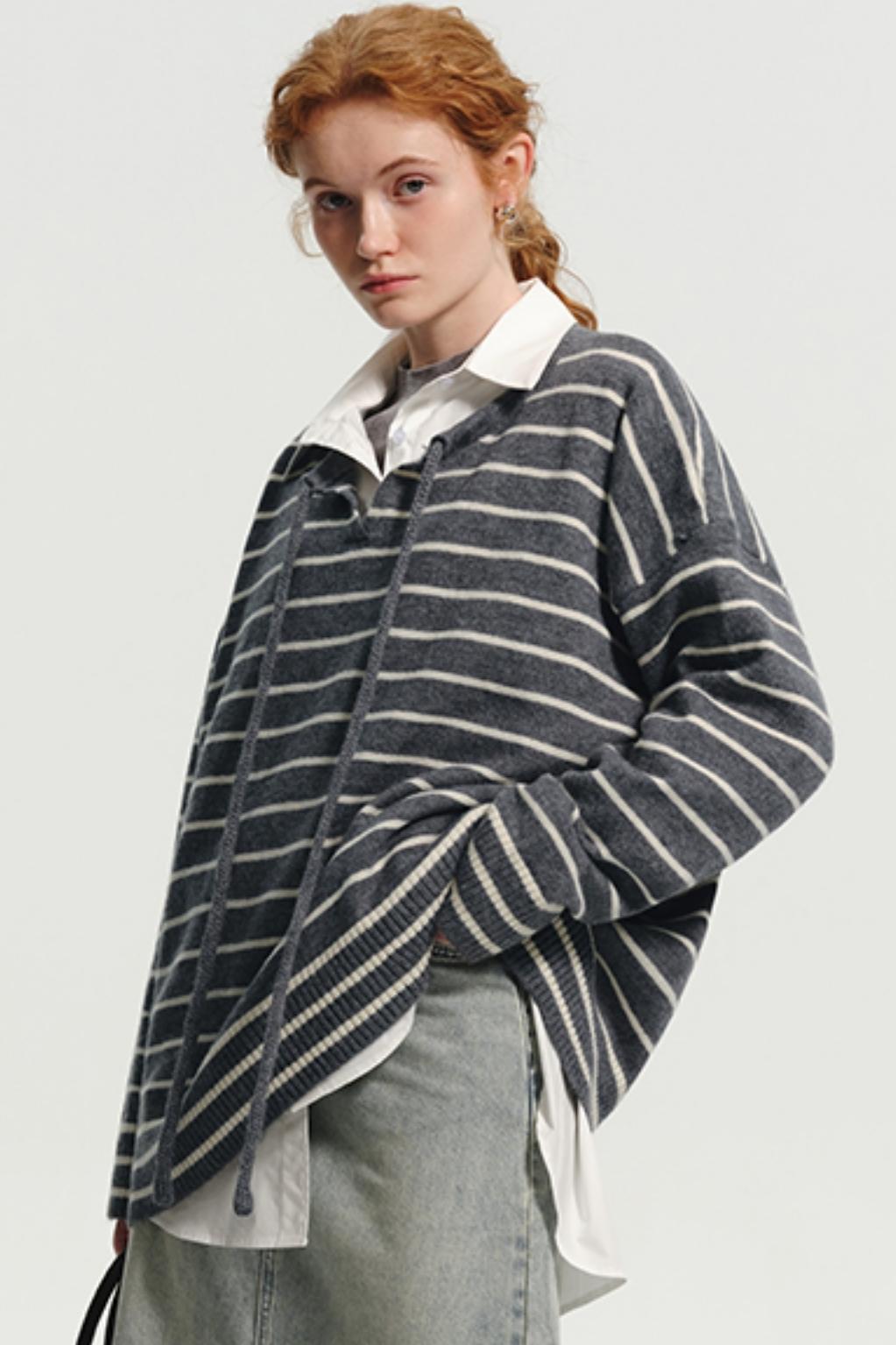 Wool Stripe Drawstring Knit Sweater