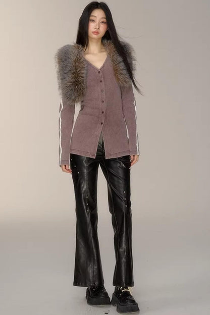 V-Neck Pinstripe Mid-Length Coat Set-Up