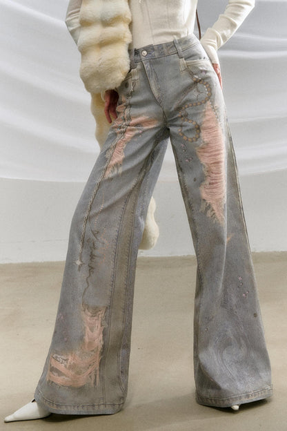 Ripped Faux-Denim Flared Pants