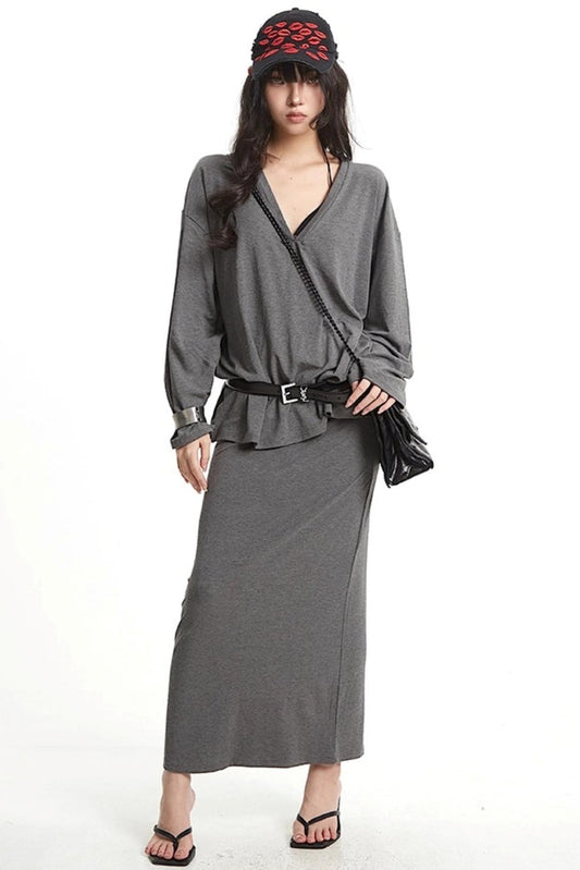 Slanted Shoulder Long Sleeve T-Shirt Skirt Set-Up