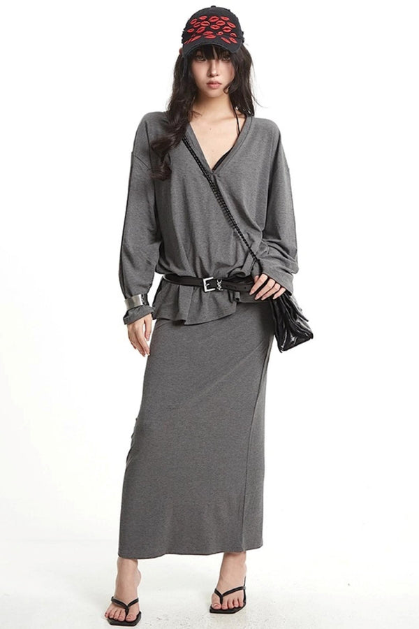 Slanted Shoulder Long Sleeve T-Shirt Skirt Set-Up