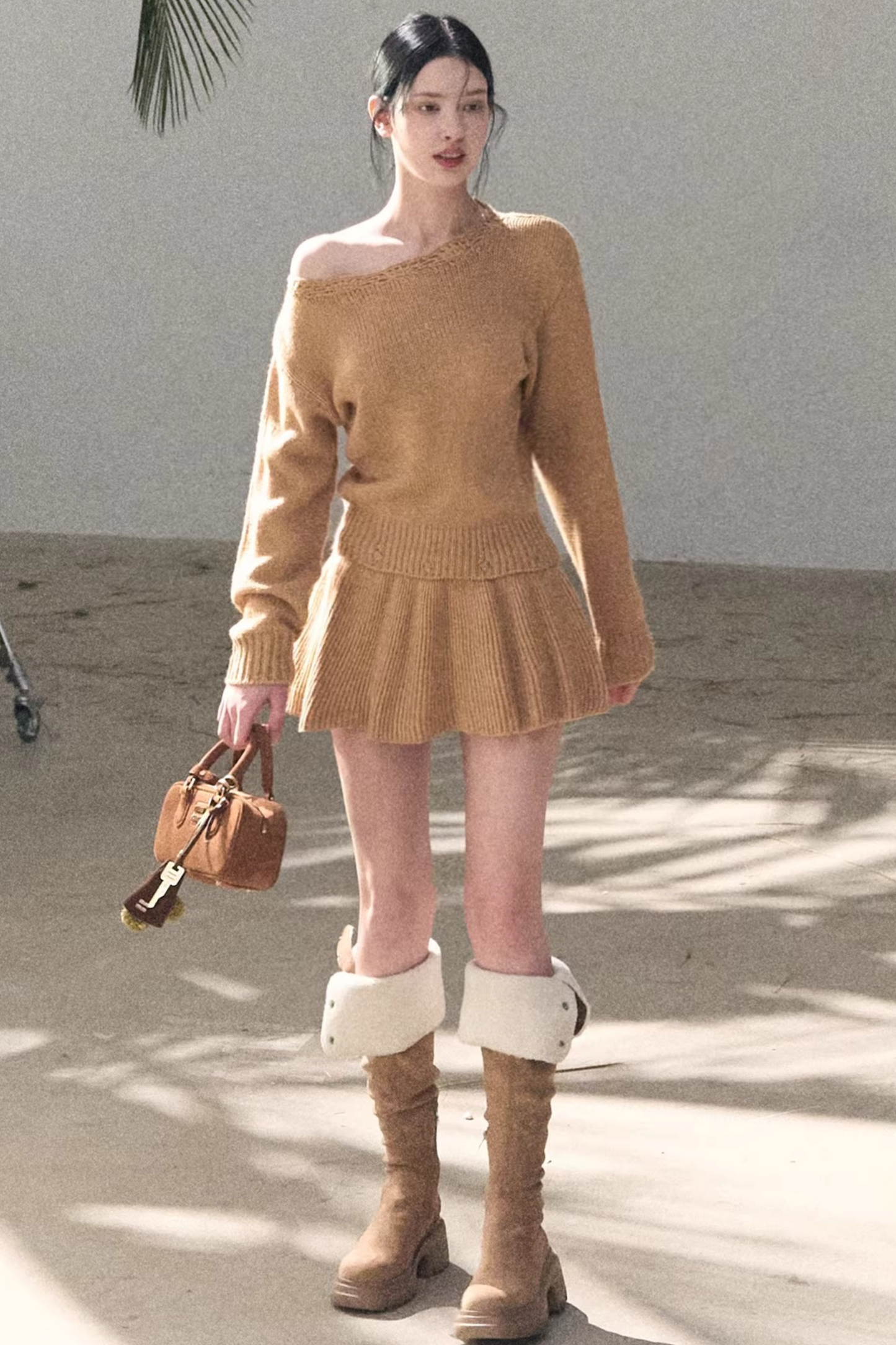 Coastal Notes Wool Off-Shoulder Dress