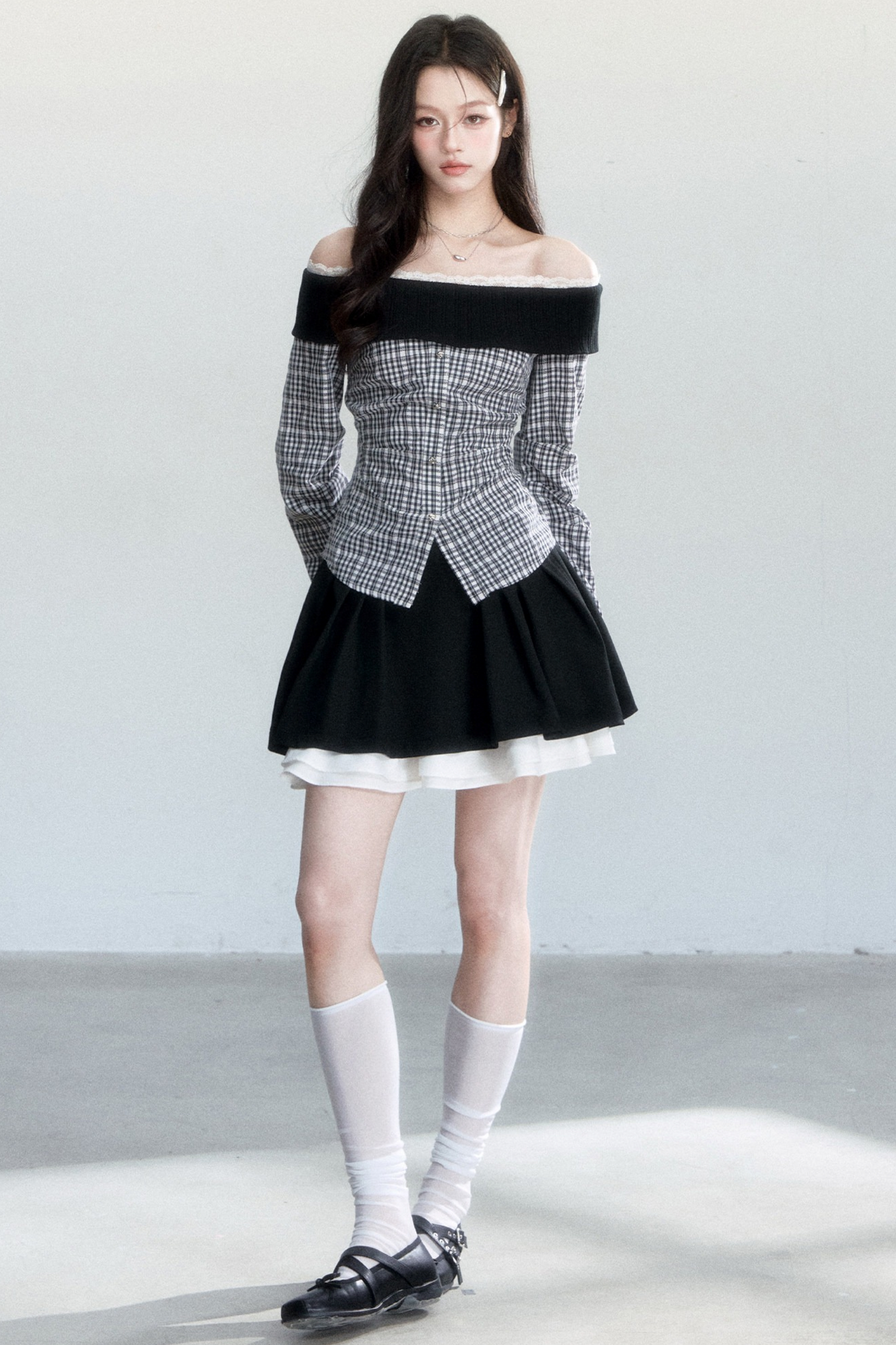 Plaid Off-Shoulder Blouse