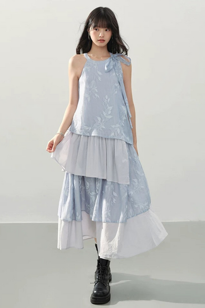 Blue Halter Print Tiered Dress