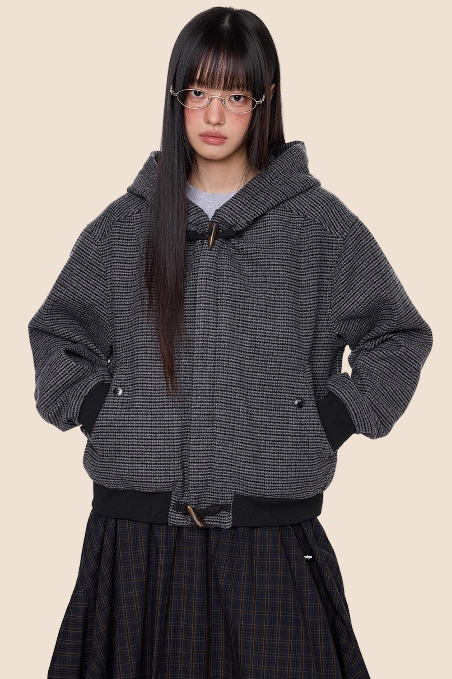 Autumn Vintage Plaid Knit Hooded Jacket
