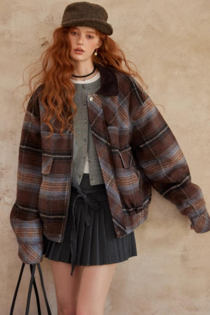 Retro Plaid Lapel Woolen Jacket