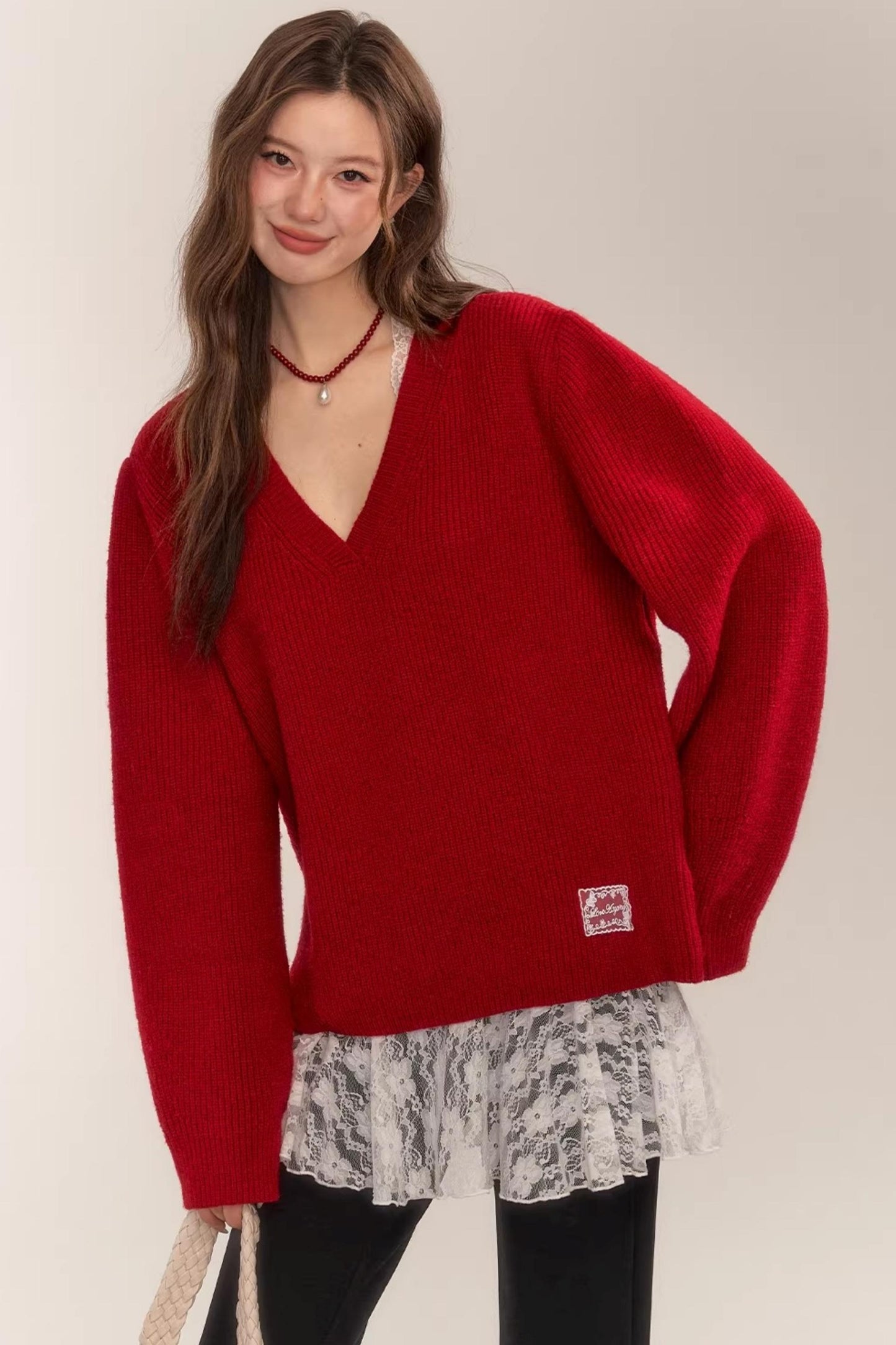 Asgony Red Retro Knit Sweater