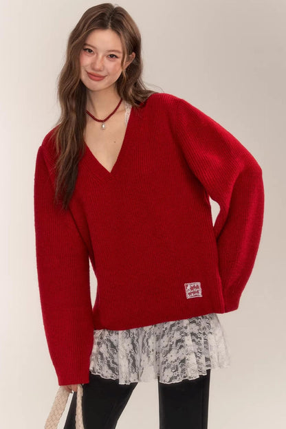 Asgony Red Retro Knit Sweater