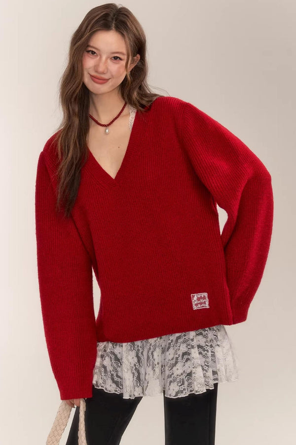 Asgony Red Retro Knit Sweater