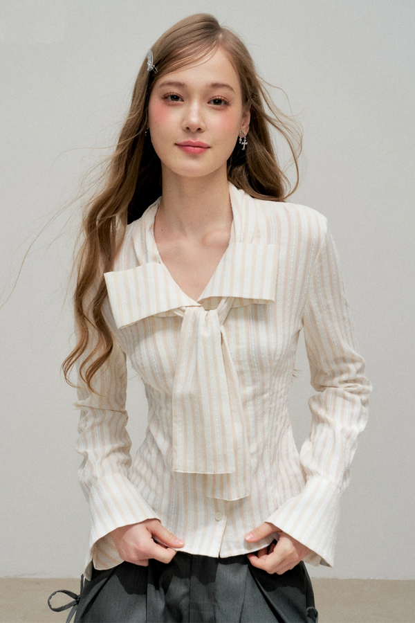 Three-Dimensional Bow Striped Blouse