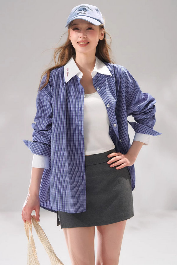 Plaid Color-Blocking Polo Top
