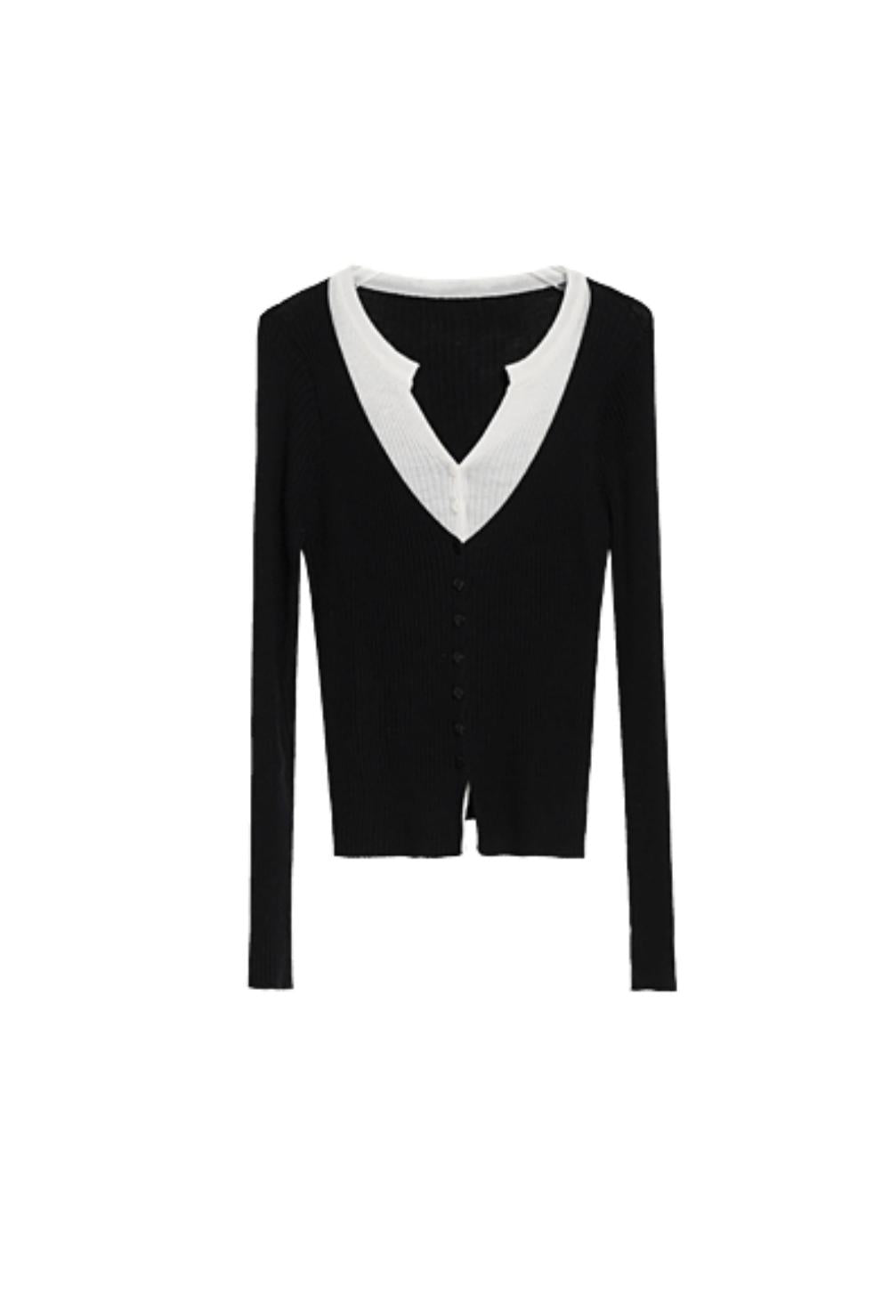 V-Neck Contrast Knit Cardigan