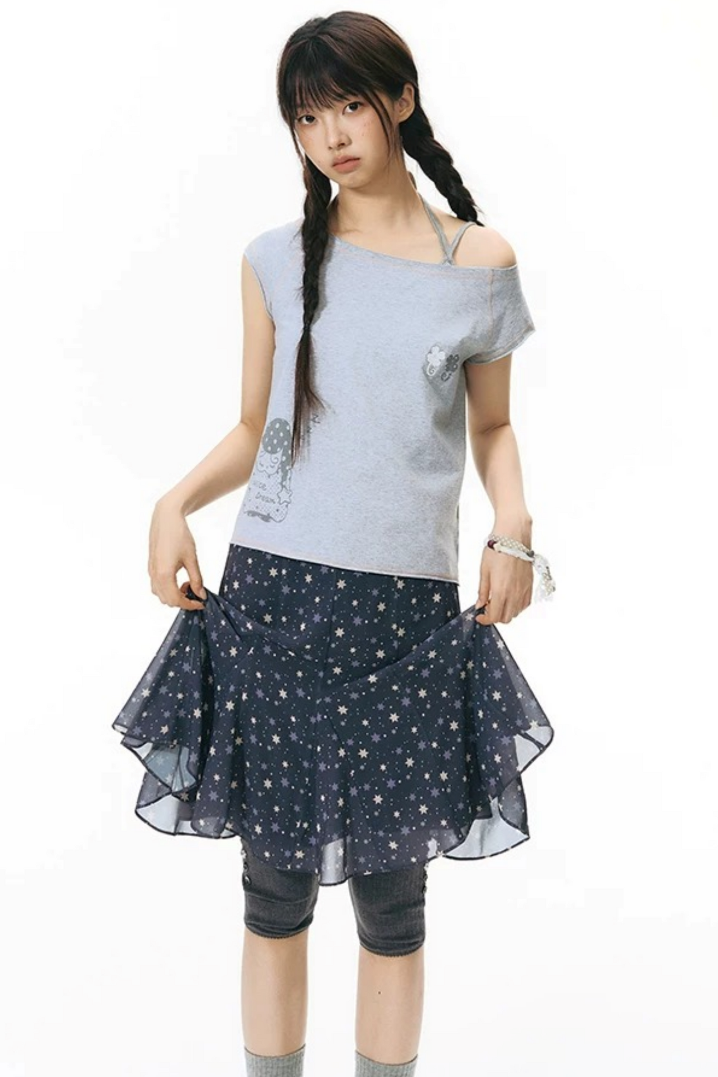 Starwii Printed Asymmetrical Shoulder Frayed Neckline T-Shirt
