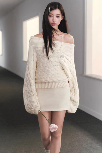 Slanted Shoulder Knit Sweater Set-Up