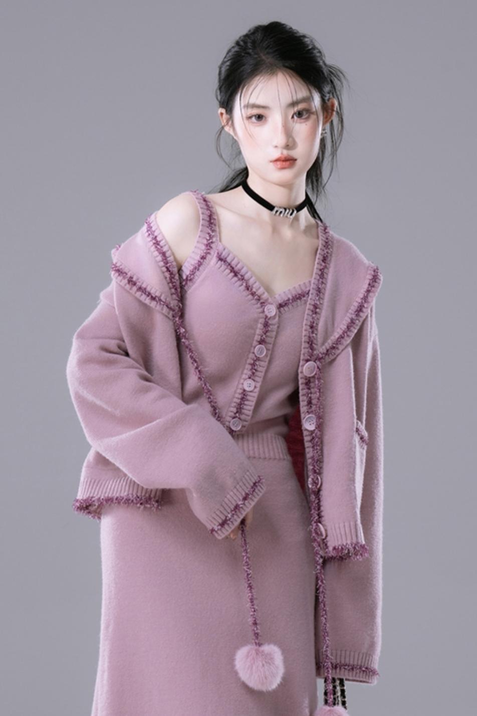 Pink Purple Fleece Wool Dress Set-UP