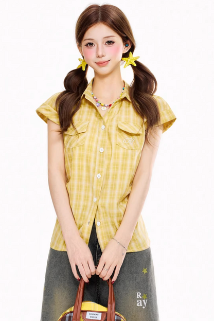 Retro Plaid Waist-Cinching Blouse