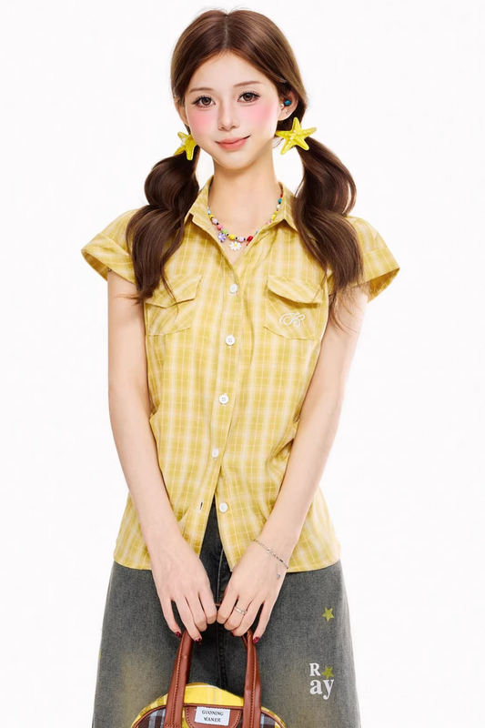 Retro Plaid Waist-Cinching Blouse