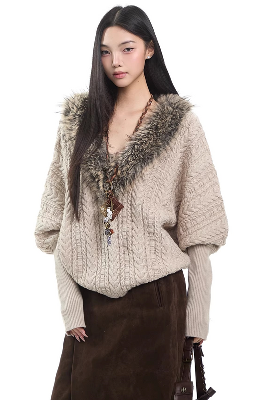V-Neck Cable Knit Fur Collar Sweater