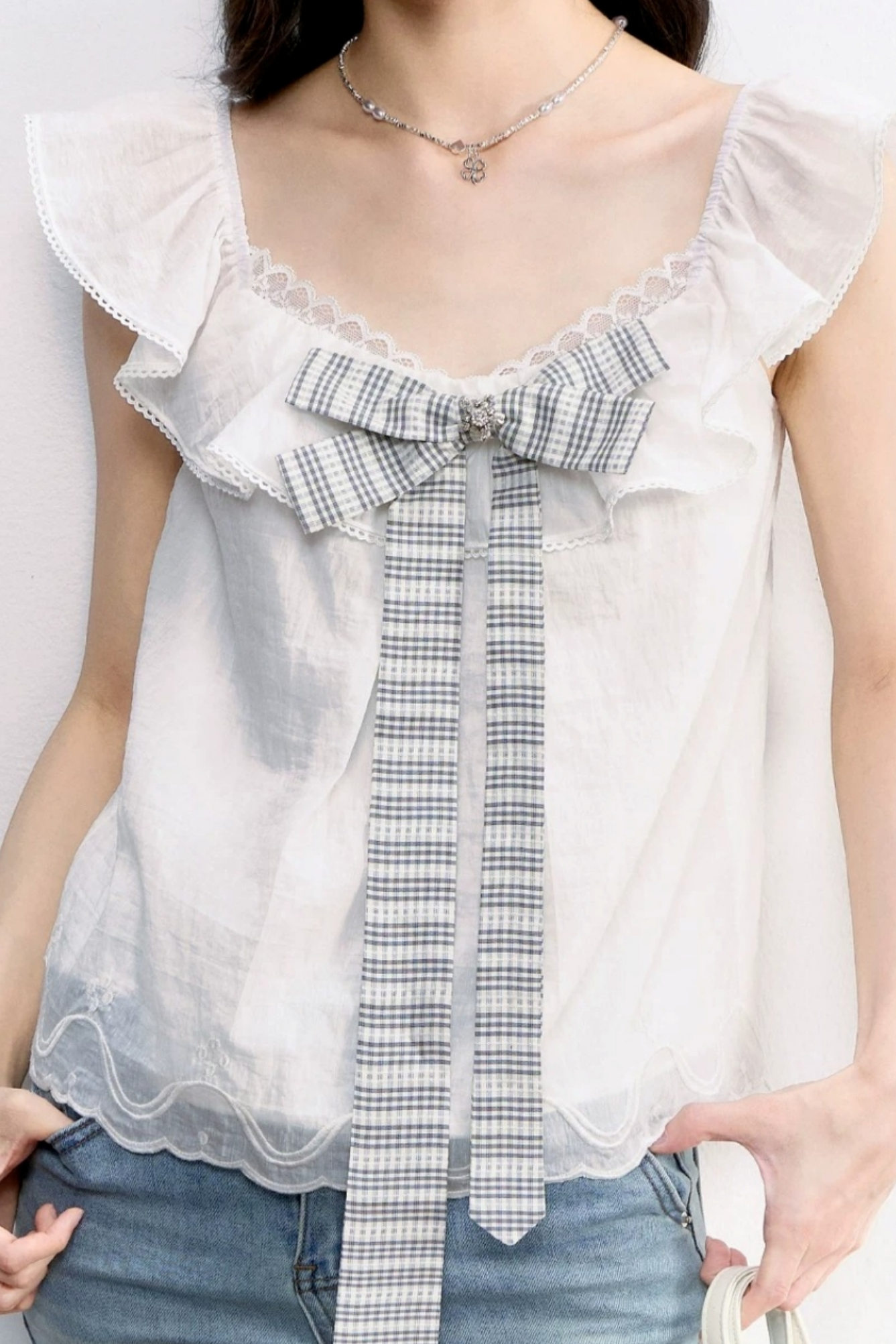 White Plaid Bow Flutter Top