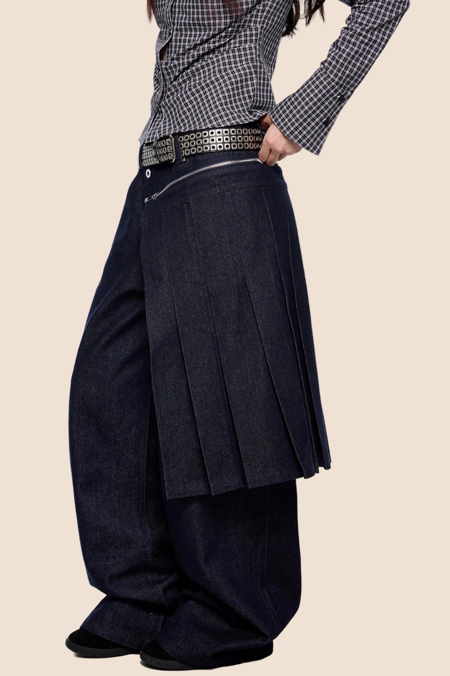 Detachable Pleated Denim Skirt Pants