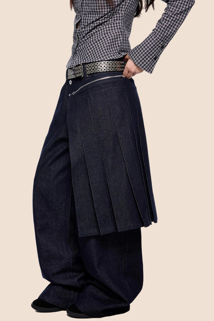 Detachable Pleated Denim Skirt Pants