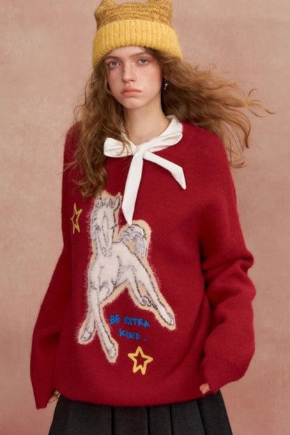 Jacquard Pony Crew Neck Sweater