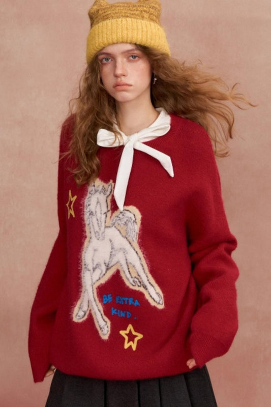 Jacquard Pony Crew Neck Sweater