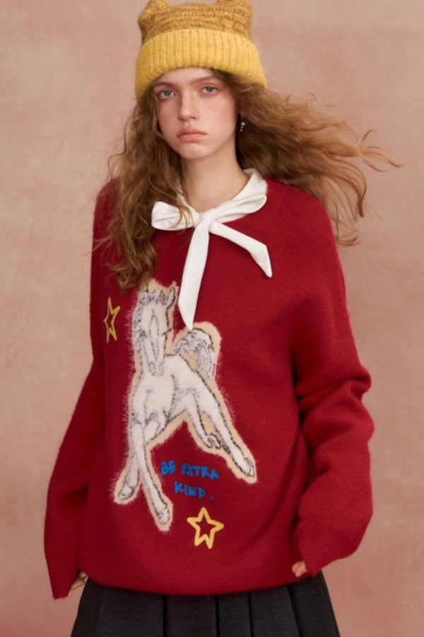 Jacquard Pony Crew Neck Sweater