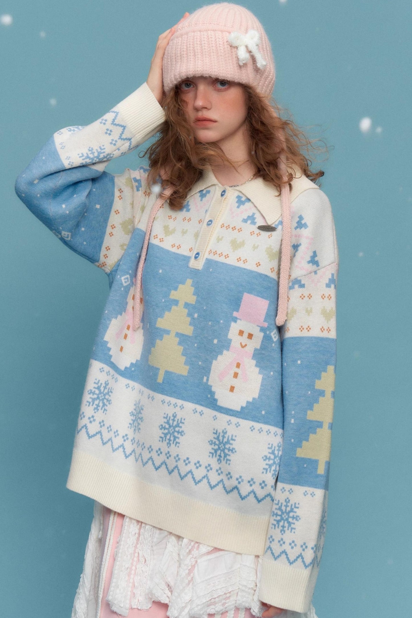 Retro Contrast Snowman Polo Neck Sweater