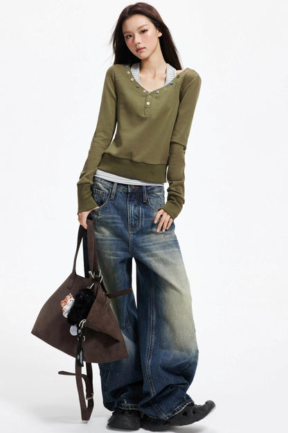 American Distressed Denim Wide-leg Pants