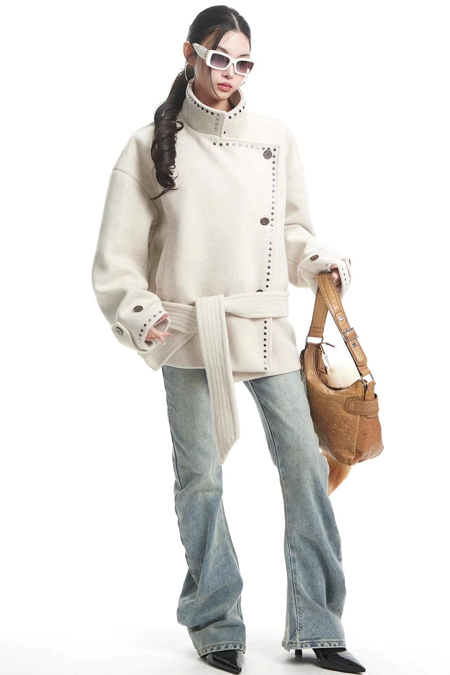 Off-White Woolen Stand-Up Collar Coat