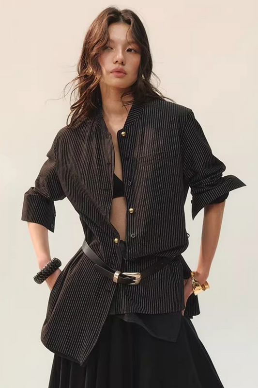 컬러 블록 더블 칼라 블라우스