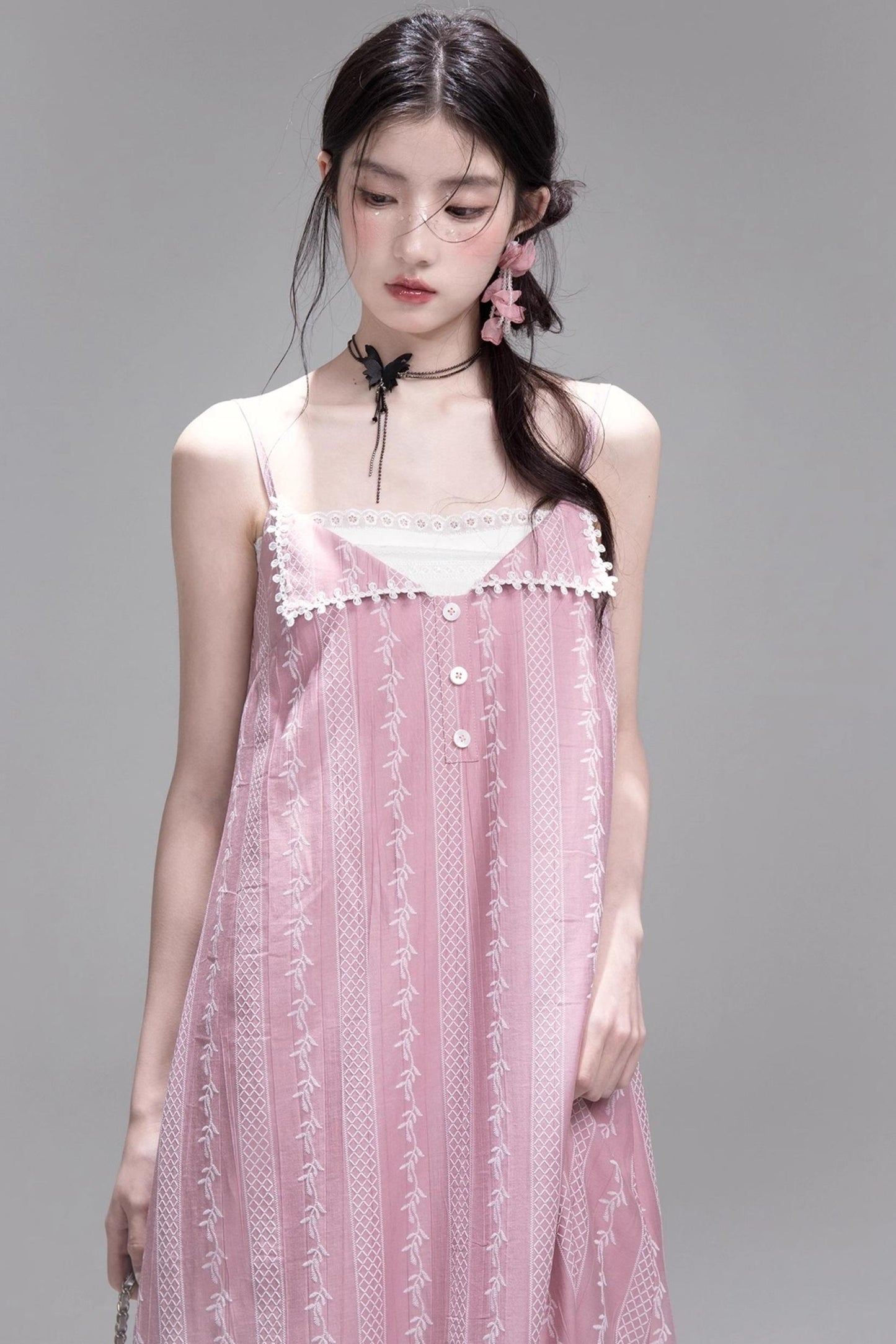 Peach Blossom Lace Suspenders Dress
