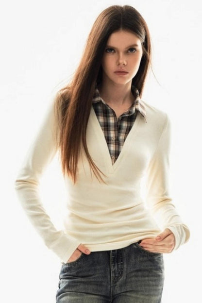Plaid V-Neck Knit Sweater