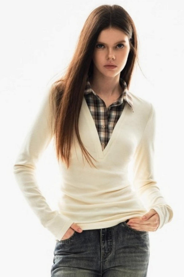 Plaid V-Neck Knit Sweater