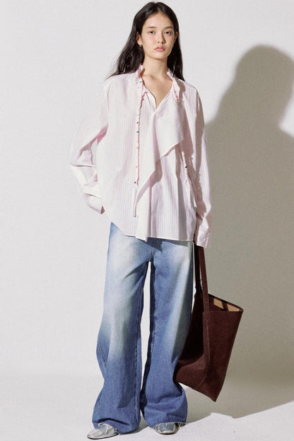 Asymmetrical Ruffle Striped Shirt