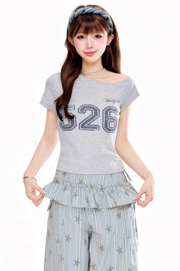 One-Shoulder Digital Print Top